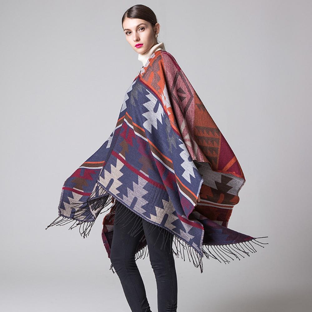 DX Indian Geometric Rhombus Lengthened and Thickened Imitation Cashmere Explosion Ethnic Style Travel Split Shawl Cape
