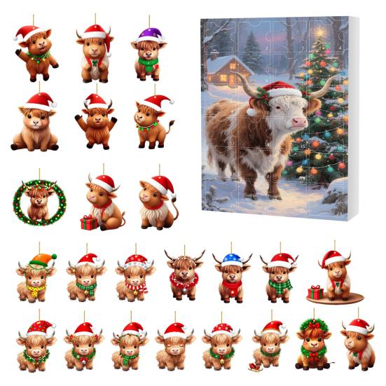 Шотландская высокогорная корова Адвент-календарь Рождество 24 дня Смешной обратный отсчет коровы 2D дизайн Праздничный подвесной декор