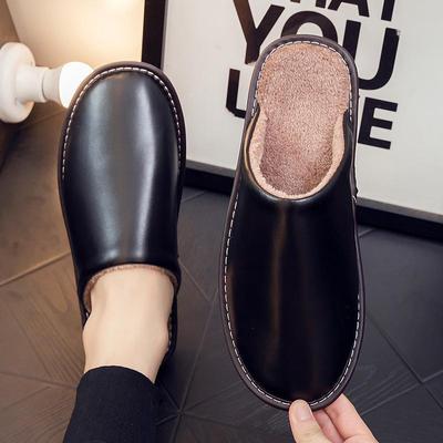 Нескользящие водонепроницаемые зимние кожаные тапочки для пар - теплая плюшевая обувь для дома