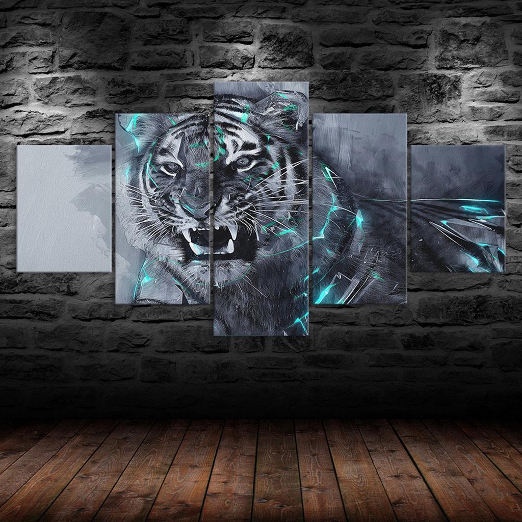 Roaring White Tiger Animal Abstract Scene 5 Piece Five Panel Wall Canvas Print Modern Art Poster Picture Home Decor Gift For Him For Her