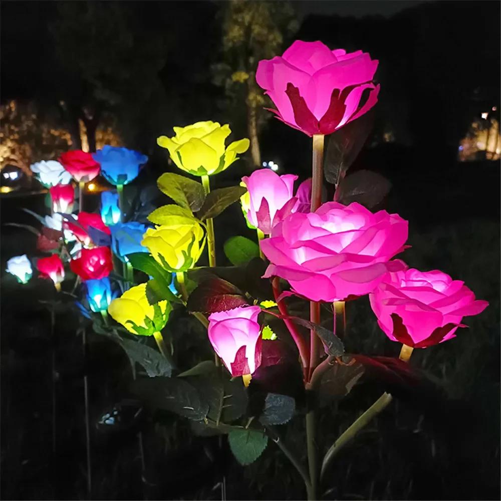 Garden Solar Decorative Lights, Outdoor Waterproof Realistic Artificial 5 Rose Flowers for Backyard Pathway Porch Yard Decor