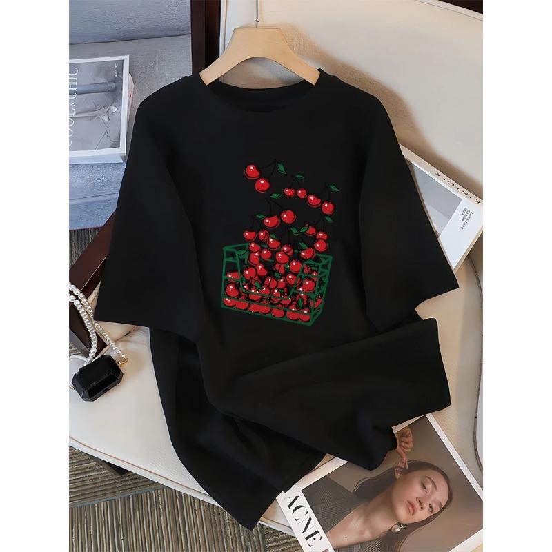 Футболка женская с принтом «Корзина вишен», дышащая, повседневная, летняя, с коротким рукавом, мягкая, свободного кроя, уличная одежда, женская футболка