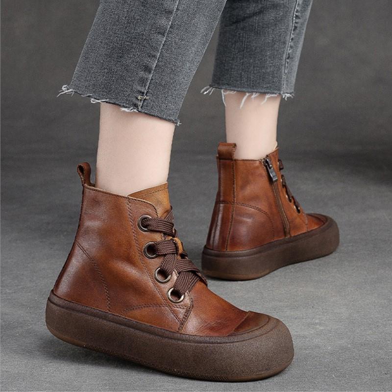 Johnature Женские короткие сапоги из натуральной кожи в стиле ретро, ​​модные универсальные туфли на плоской платформе на толстой подошве