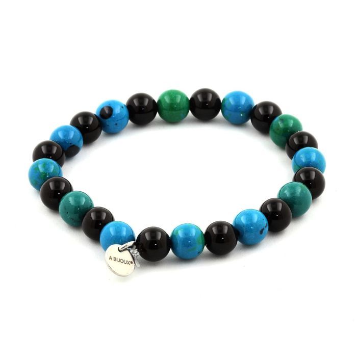Stones and Minerals. Bracelet Chrysocolla Beads + Black Agate 8 Mm. Made In France.