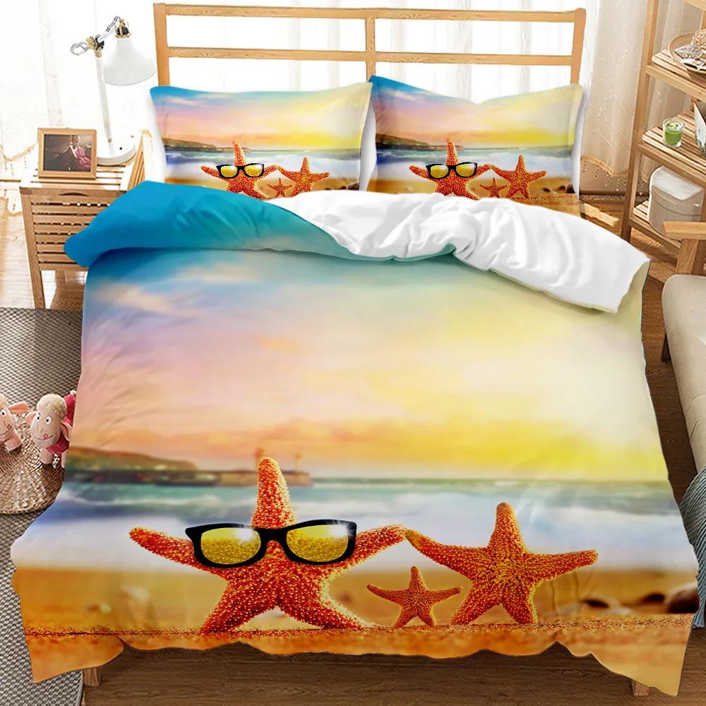 Комплект постельного белья Beach Summer Ocean Комплект постельного белья Hawaiian Marine Sea Waves 3D Print Starfish Полиэстеровый пододеяльник Queen King
