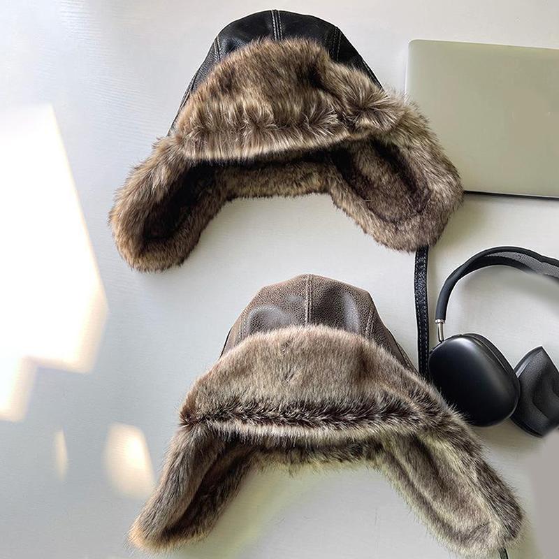 1Pc Men Women'S Pilot Aviator Bomber Trapper Hat Faux Fur Leather Snow Cap With Ear Flaps Pilot Winter Bomber Hat Ushanka Hat