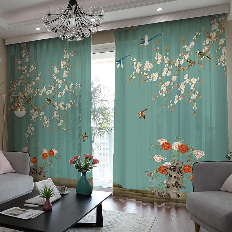 2 шт. Китайские шторы с цветочным и птичьим принтом и очаровательным пейзажем для гостиной, балкона, окон от пола до потолка и спальни