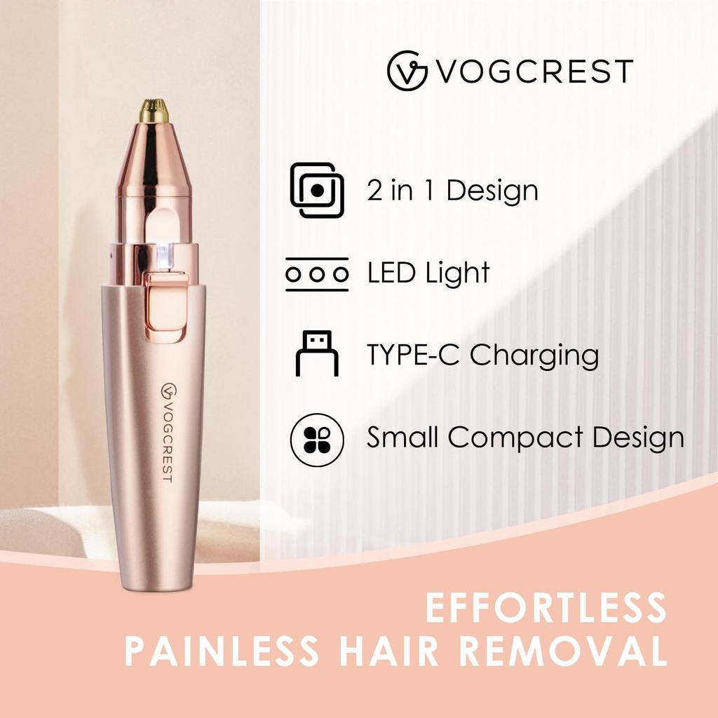 VG VOGCREST Eyebrow Facial Rechargeable Facial Hair Removal Eyebrow Shaver Painless Facial Razor with LED Rose Gold Trimmer 2-in-1 & - Built-in