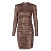 Turtleneck Long Sleeve Hip Wrap Pleated Bodycon Dress Autumn Faux Leather High