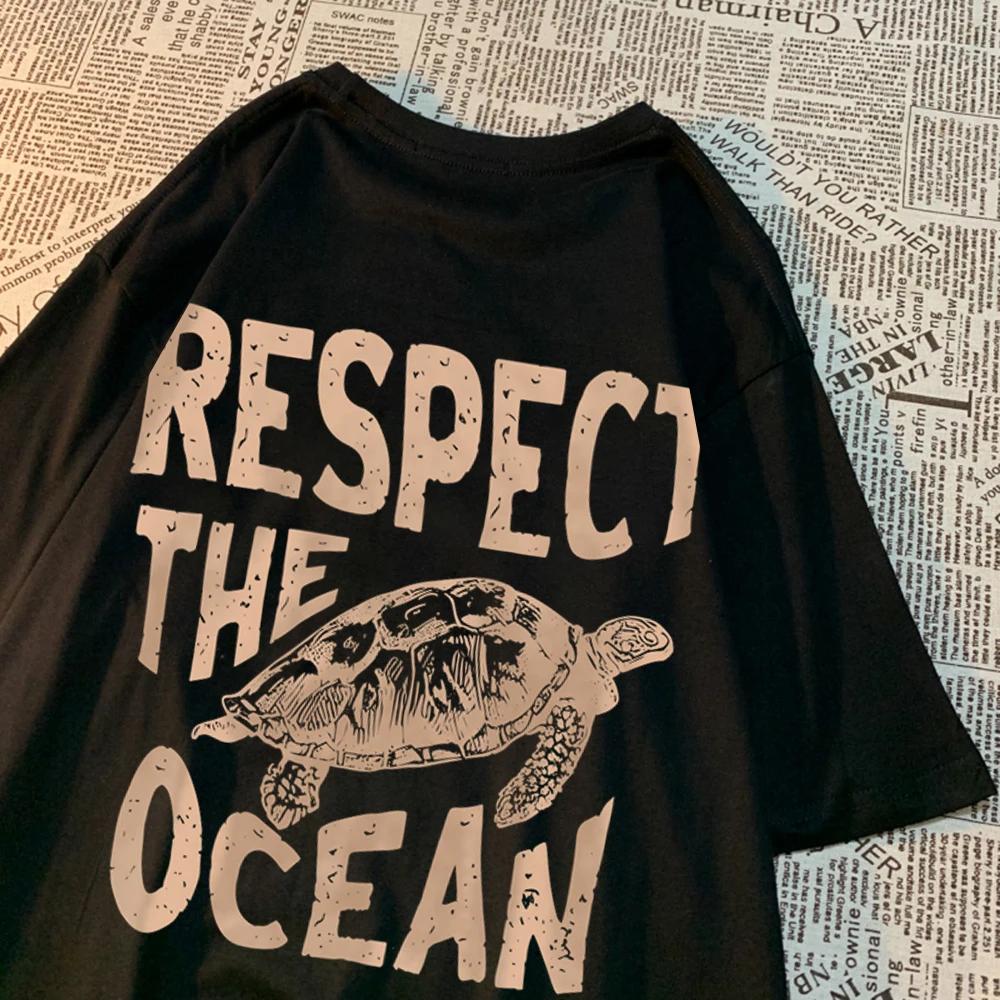 Футболка Respect The Ocean Green Turtle для мужчин, свободная одежда, дышащая футболка с коротким рукавом в стиле хип-хоп, летняя хлопковая футболка Harajuku