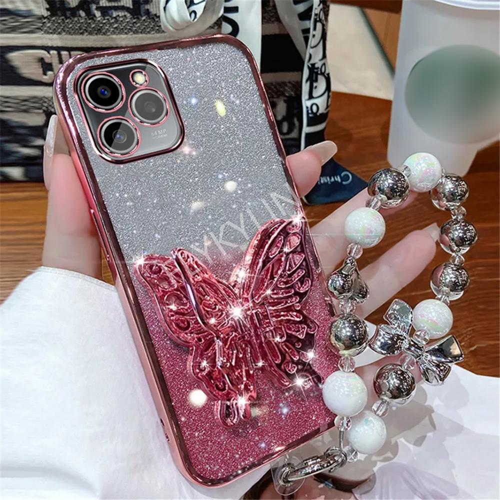 3D Butterfly Phone Holder Bracelet Glitter Plating Case For Samsung A16 A06 A55 A15 A25 A35 A05S A54 A24 A34 A14 A04 Stand Cover
