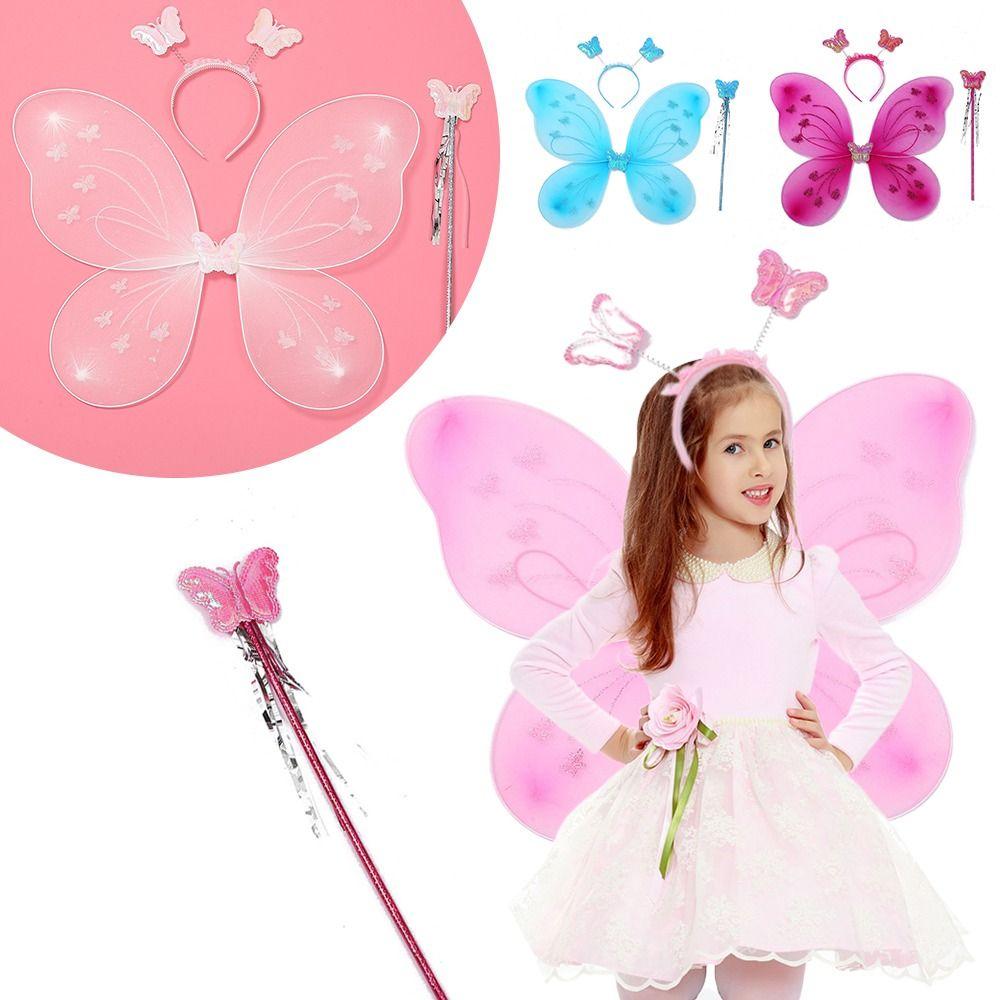 3Pcs/Set Costume Kids Butterfly Headband Wings Dressing Up Party Props Princess Costume Sets with Fairy Wand Fairy Wing Girls