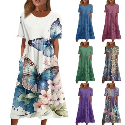 Жен. Повседневные платья Платья с принтами Летние платья С принтами Плиссированные платья-миди с круглым вырезом Классический Классический На открытом воздухе Повседневные С короткими рукавами Свободные платья