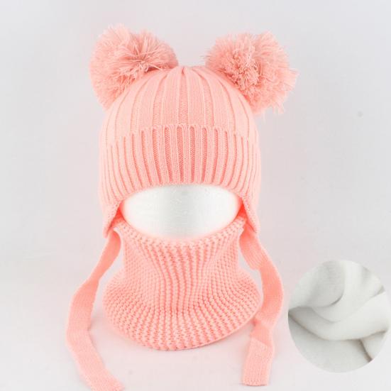 2 шт./набор Детская зимняя шапка и шарф Набор Декор плюшевым помпоном Однотонный Плюшевая подкладка Вязаная шапка Теплый комплект шарфа