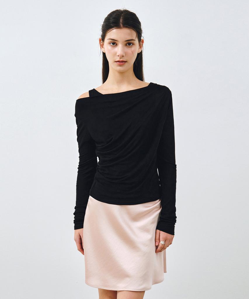 MONGDOL [Set] One-Shoulder Draping Layered T-Shirt Black Mdts088Black