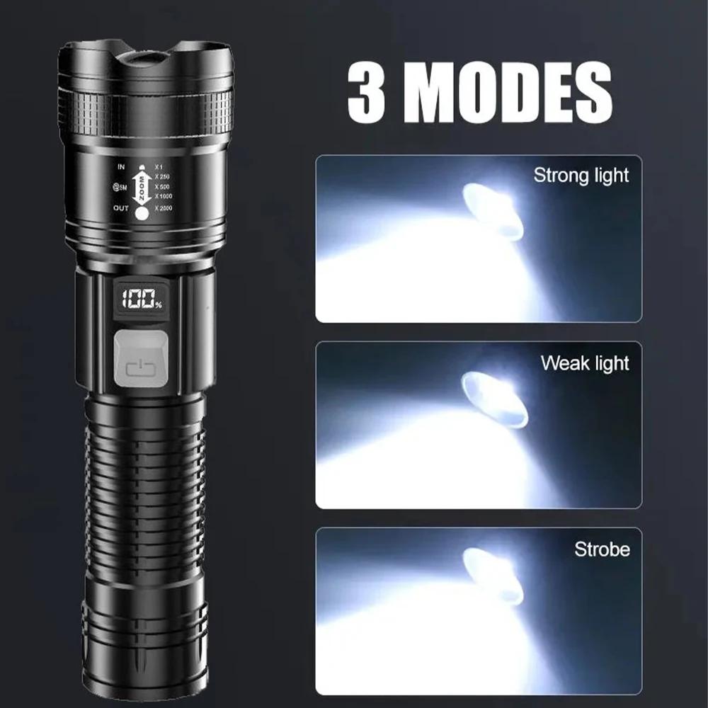 High Strong Power Led Flashlights 300000LM Tactical Torch with Display Light USB Charging Camping Fishing Defensa Zoom Lantern