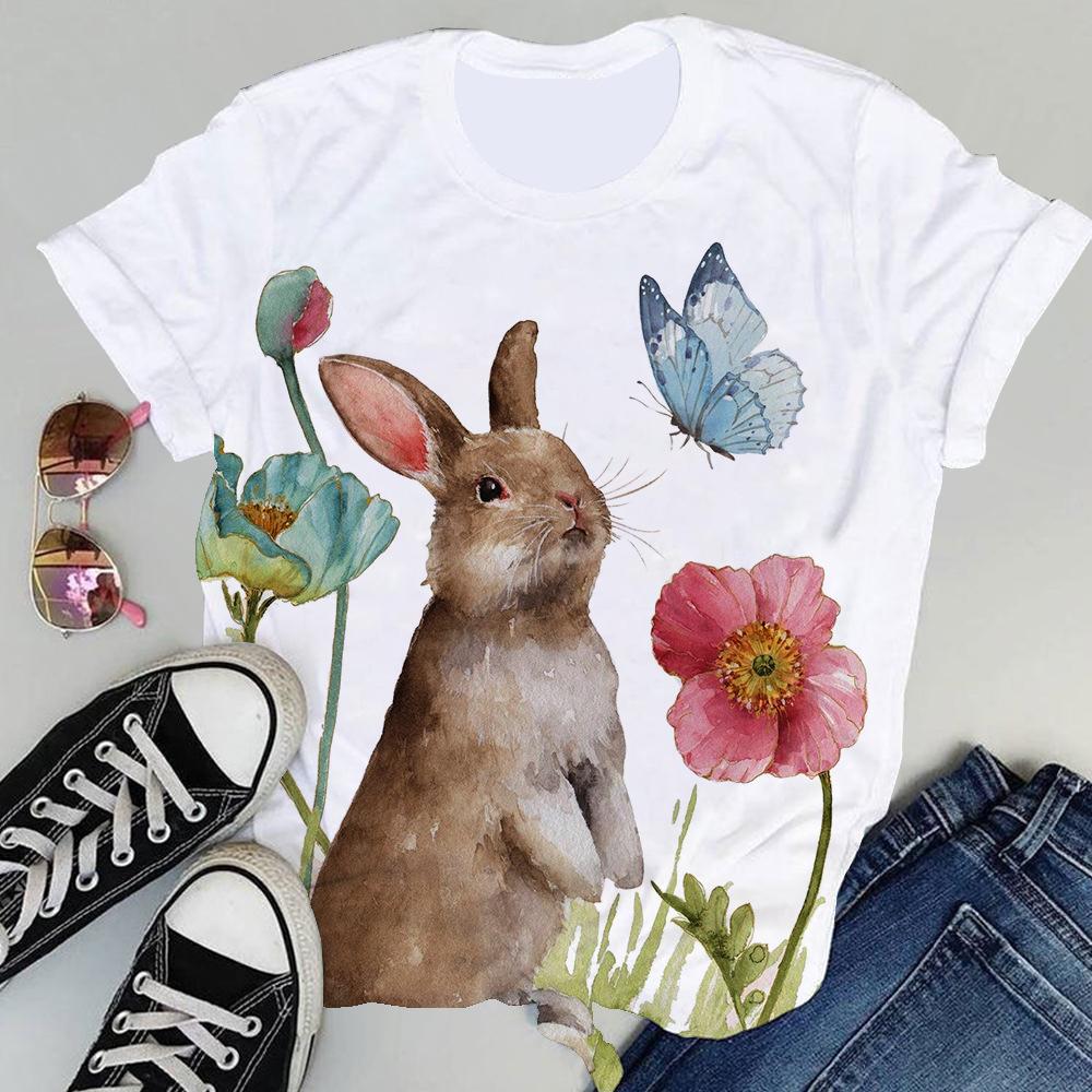 Летний топ с круглым вырезом и принтом 3D кролика, модные повседневные женские футболки с короткими рукавами