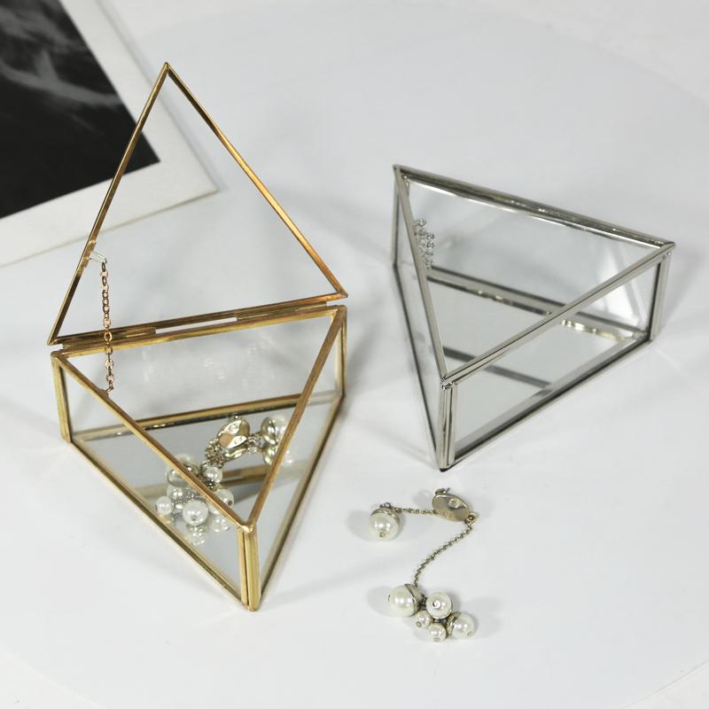 2021 Metal Small Glass Silver Trilateral Jewelry Boxes Transparent Trinket Organizer With Golden Edge and Lid