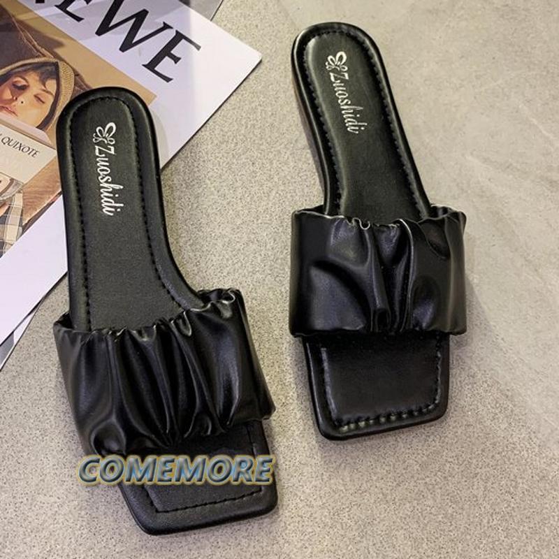 Женские плоские шлепанцы, лето 2024, стильные сандалии с квадратной головкой и складками для женщин, повседневные шлепанцы, однотонная обувь, мода