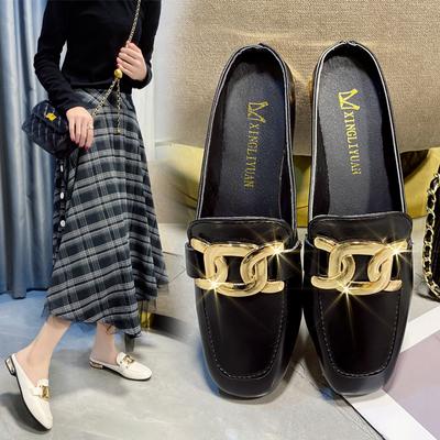 Новый дизайн, женские тапочки с золотой цепочкой, закрытый носок, слипоны, туфли-мюли с круглым носком, на низком каблуке, повседневные шлепанцы