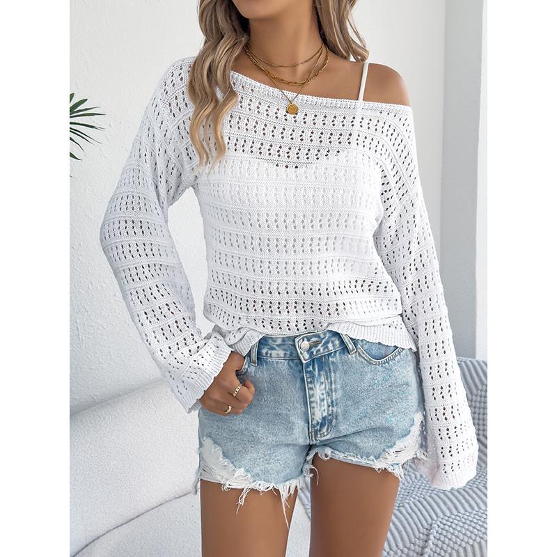 Sexy Off Shoulder Knit Tops For Women Loose Slash Neck Hollow Out Long Sleeved Knit Sweater Casual Loose Feminina