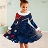 Girls Furry High Neck Long Sleeve Bow Waist Printed Red Blue White Star A Line Flared Dress