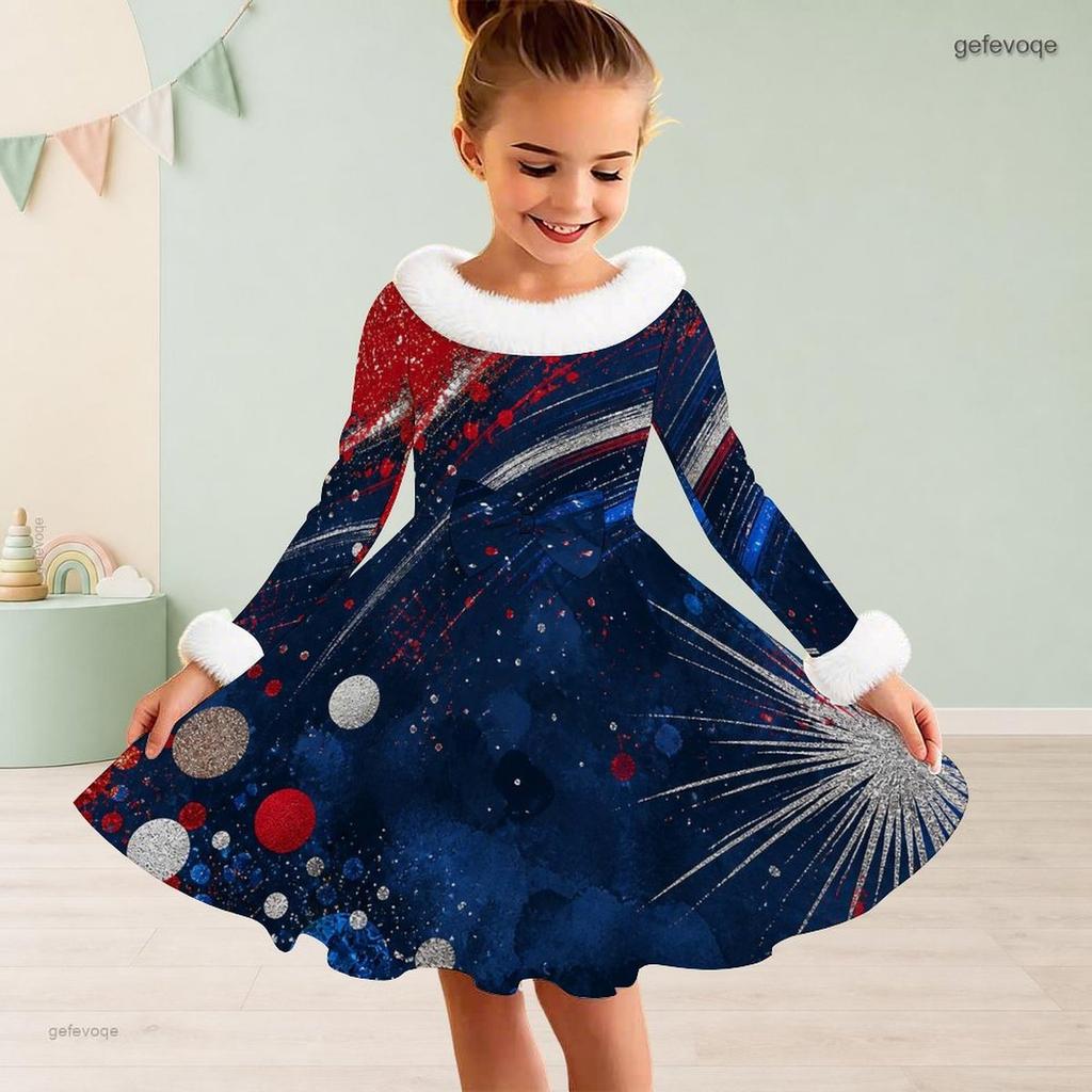 Girls Furry High Neck Long Sleeve Bow Waist Printed Red Blue White Star A Line Flared Dress
