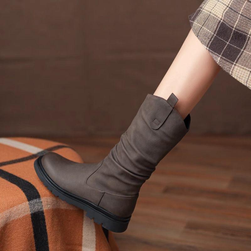 Женские мартинсы до середины икры на плоском каблуке 2025 - Новый весенне-осенний стиль с бархатной подкладкой, идеально подходят к юбкам