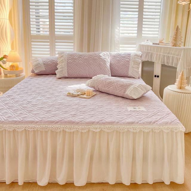 Корейское кружевное молочно-бархатное покрывало на кровать с рюшами, толстое покрывало королевского размера, стеганое покрывало для двуспальной кровати, мягкое теплое с 2 наволочками