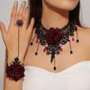 Vintage Black Lace Rose Necklace Bracelet Ring Set Women's Dinner Party, Dark Wind Neck Chain Bracelet