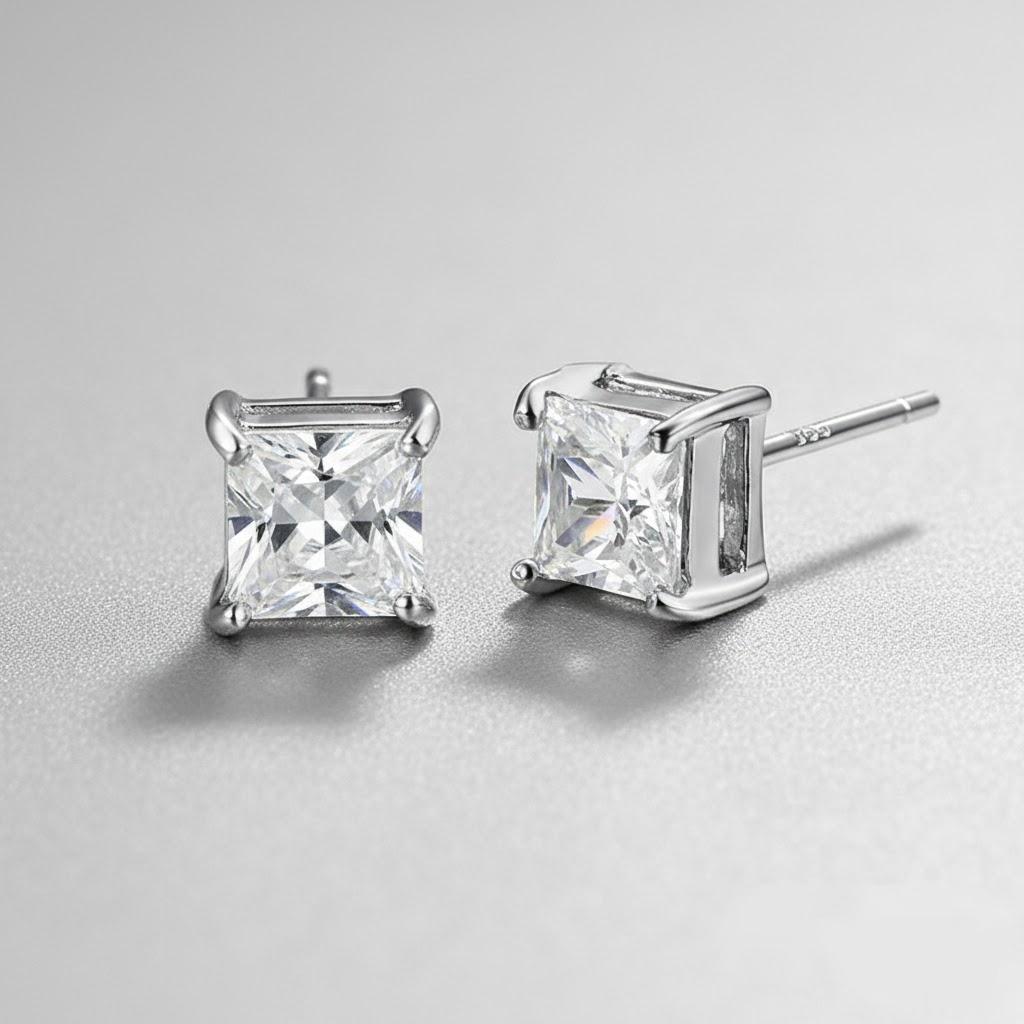 Silver CZ Stud Earrings Round Princess Cut Fashion Jewelry Women Accessories 925 Sterling Silver Ear Rings