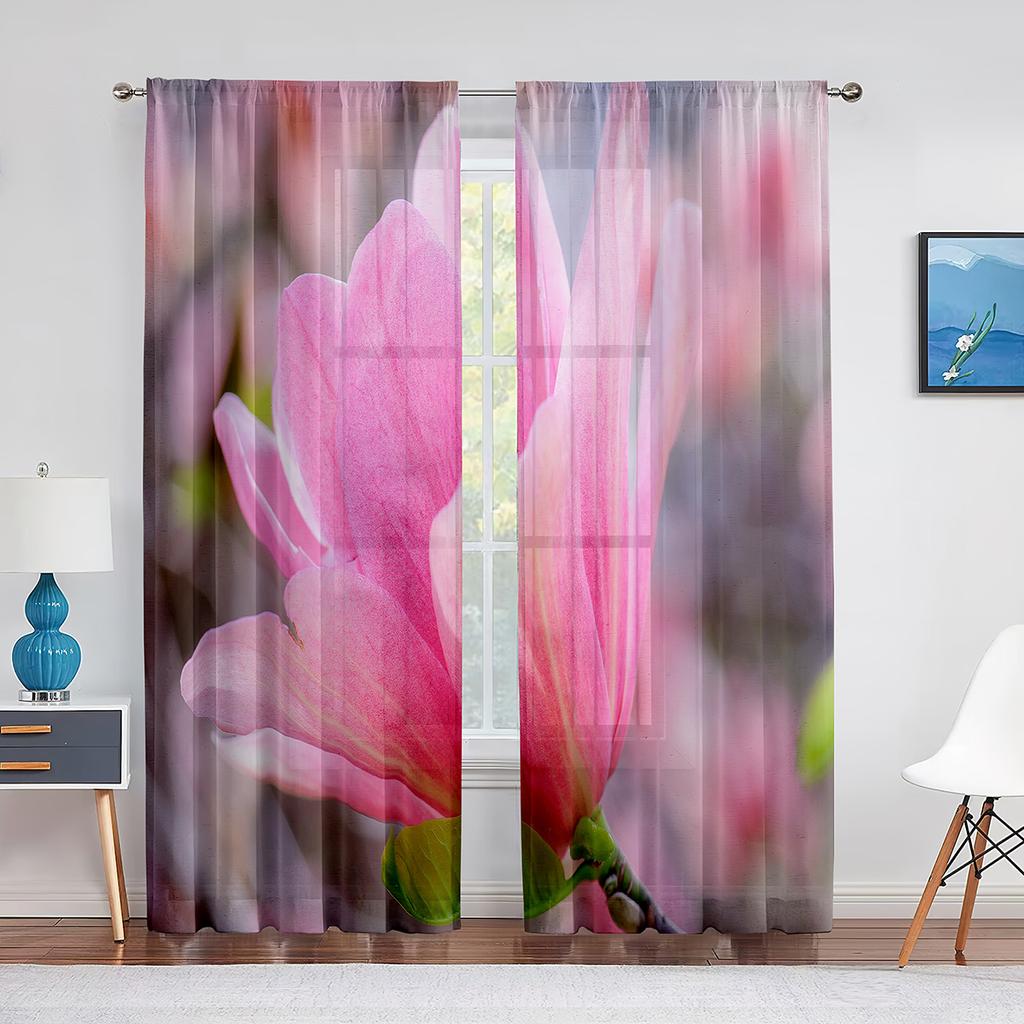 Pink Magnolia Spring Flowers Sheer Curtains for Living Room Bedroom Kitchen Hotel Decoration Chiffon Tulle Voile Window Curtain