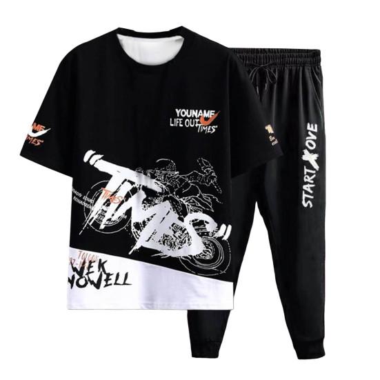2Pcs/Set Men Letter Print O-neck Short Sleeve T-shirt Elastic Waist Drawstring Sweatpants Set Sport