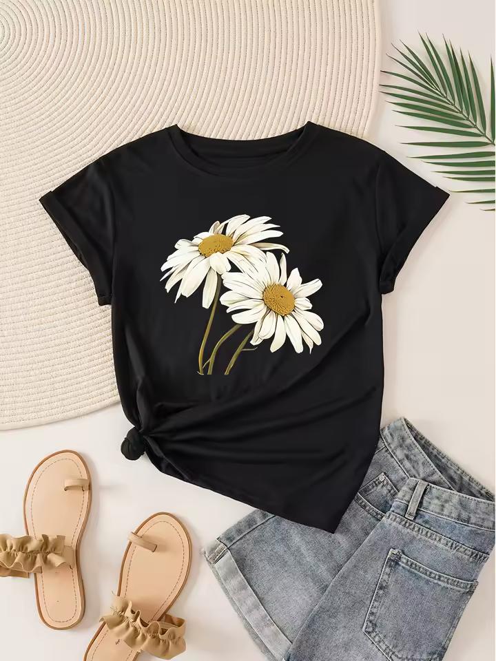 Daisy Print Women's T-Shirt Bohemian Floral Print Casual Summer Top Women Clothing Fashion Graphic T shirts Summer Streetwear