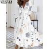 Женская мода весна осень цветочный узор принт с длинным рукавом V-образным вырезом повседневные платья