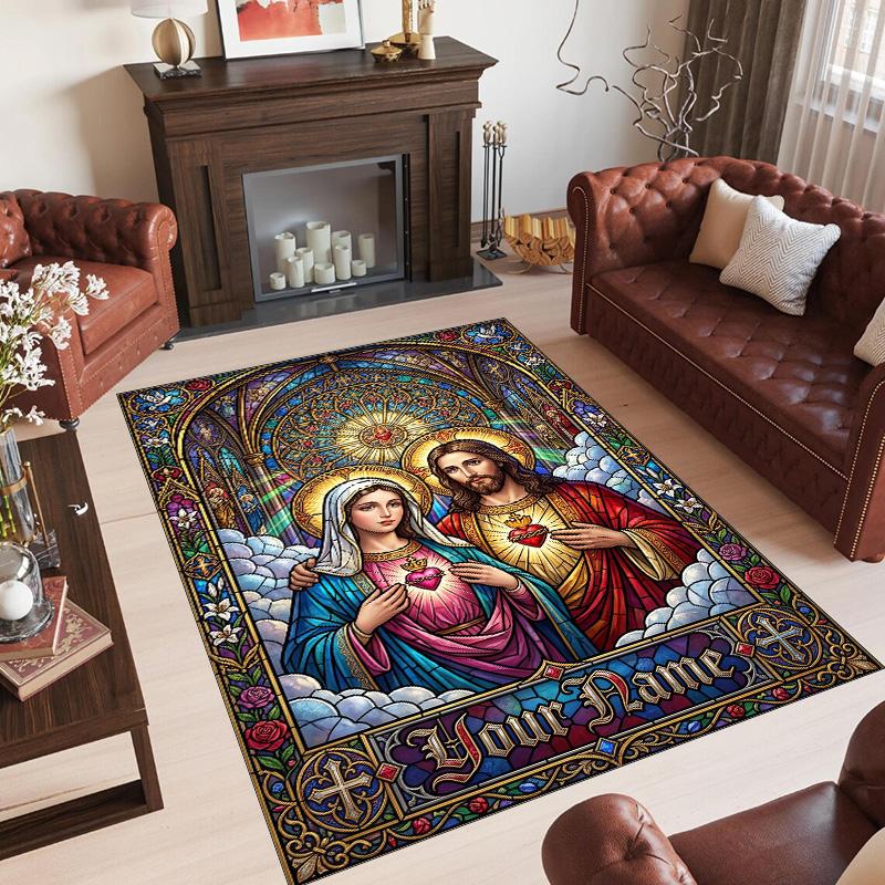 Virgin Mary Theme Crystal Velvet Rug Personalized Custom Name Text Soft Floor Mat Home Decor