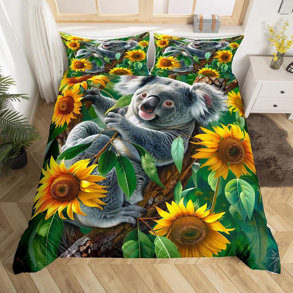 Детский комплект постельного белья с пододеяльником Koala, Цветущая ветка с медведем, Комплект постельного белья с изображением пальмовых листьев и животных, Полуторный