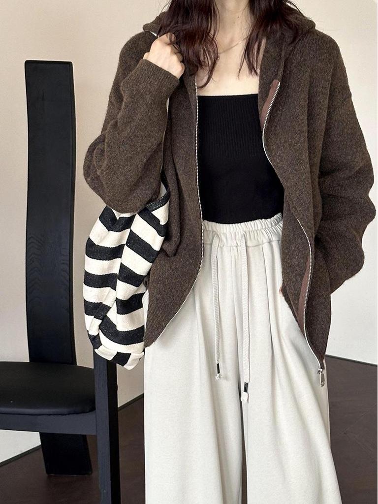 Juzhi 2024 осень ретро ленивый стиль высококачественный кардиган свитер куртка на молнии A58