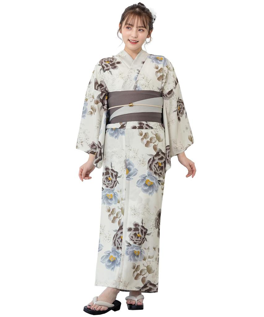 SOUBIEN Floro Yukata Set and Free Walnut with Sky and Gray Design Women's 3-Piece (Yukata, Half-Width Obi, Datejime), Size, (ykf10246-obh10005)