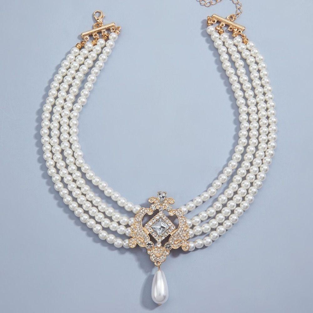 Rhinestone Four-layer Necklace Korean Style Pearl Collar Choker Cute Women