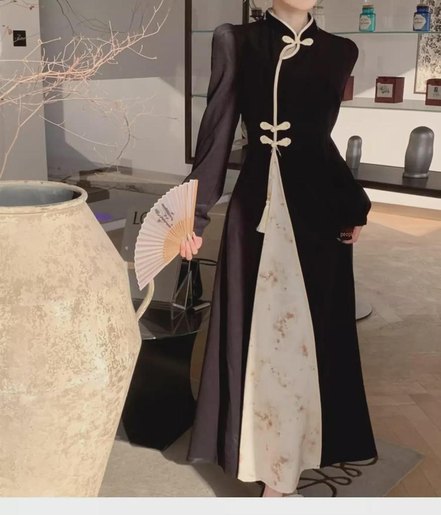 Retro Chinese Style Long Sleeve Cheongsam Dress - Slimming, High Waist, Plus Size for Spring and Autumn