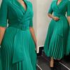 2024 Autumn/Winter Plus Size Women's Pleated Waist OL African Dress with Suit Collar