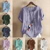 Women's Fashion Bird Prined Round Neck Short Sleeve T-shirt Casual Cotton Linen Graphic Shirt Leisure Loose Summer Blouse Tops