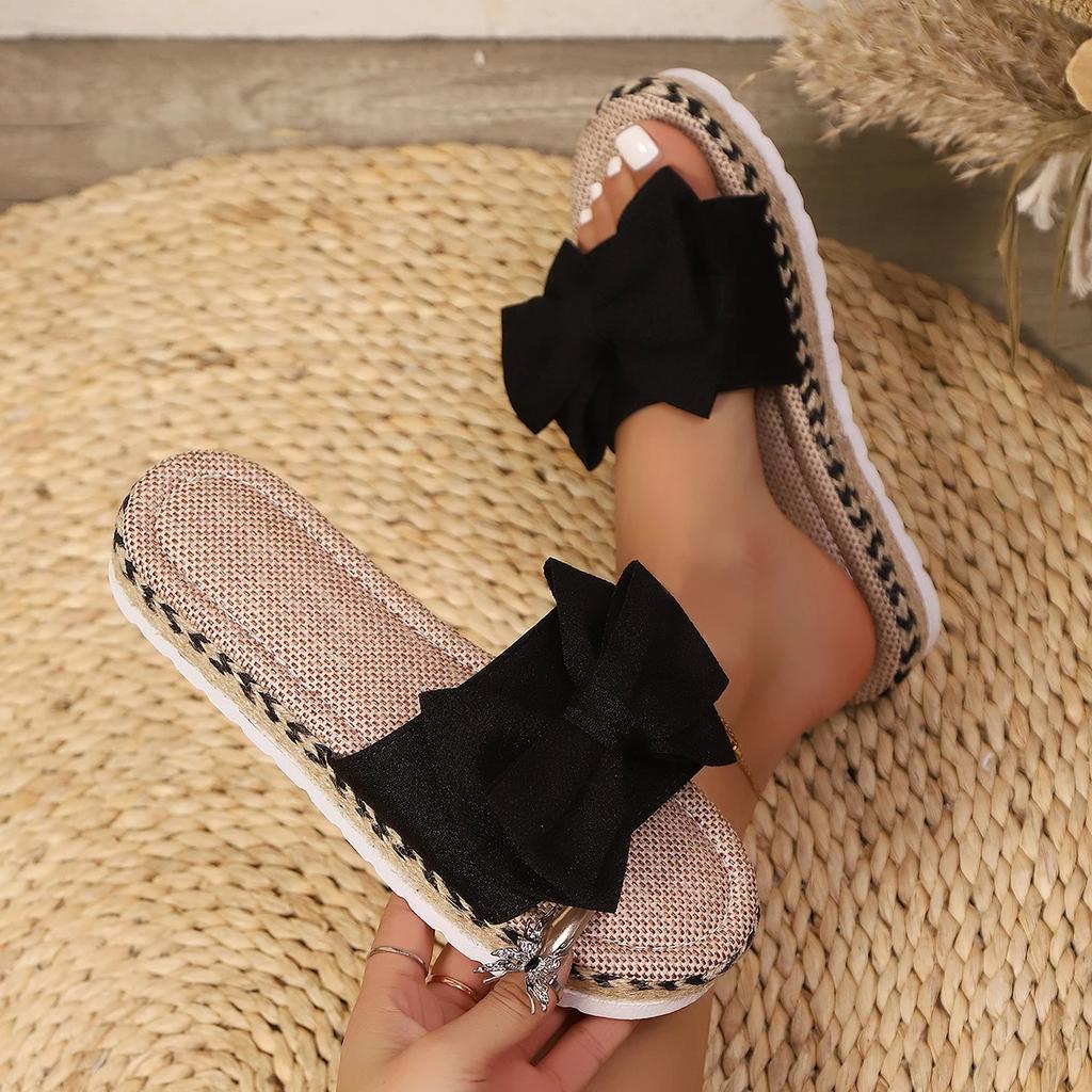 Women Slippers 2025 New Casual Home Slippers Cute Linen Slides Women Summer Bow-knot Soft Floor Sandals Indoor Flat Shoes