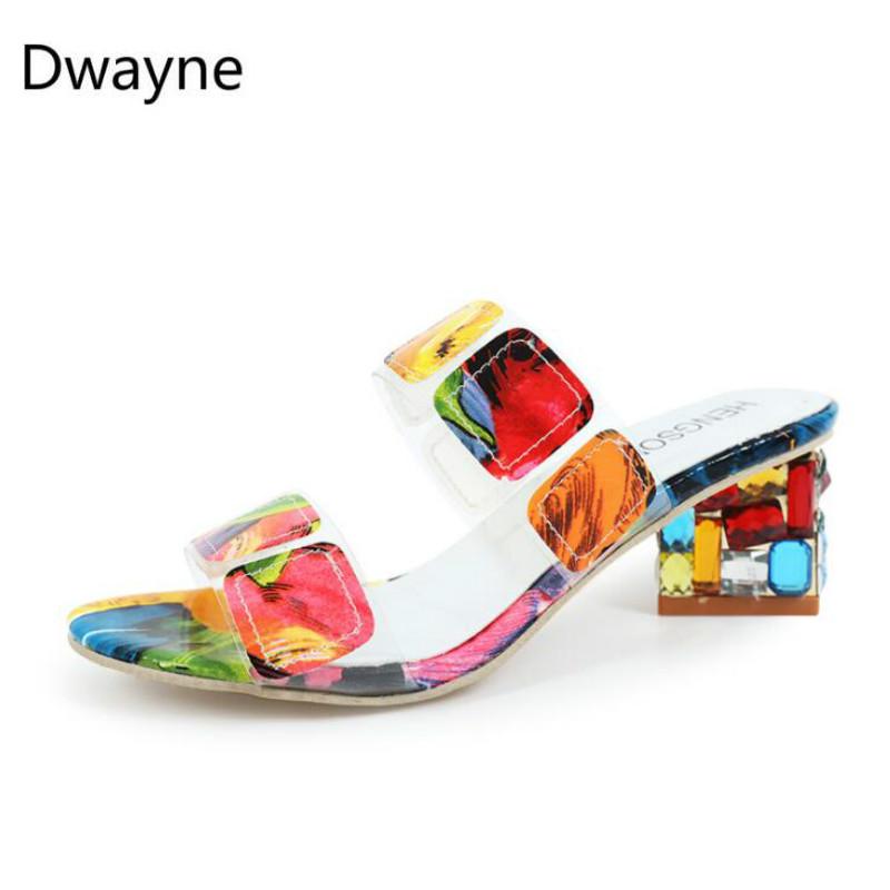 Dwayne Slippers Womens Summer New Strange Style Sandals Rhinestone Candy Colors Matching Elegant High Heels Female 2025