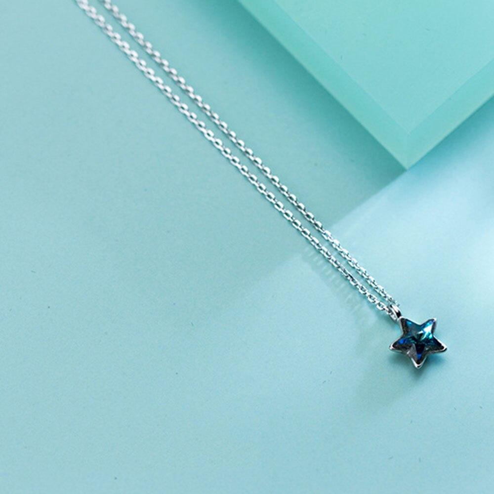 New 925 Sterling Silver Women Necklace Blue Crystal Five-pointed Star Pendant Fashion Small Fresh Clavicle Chain Jewelry Gift
