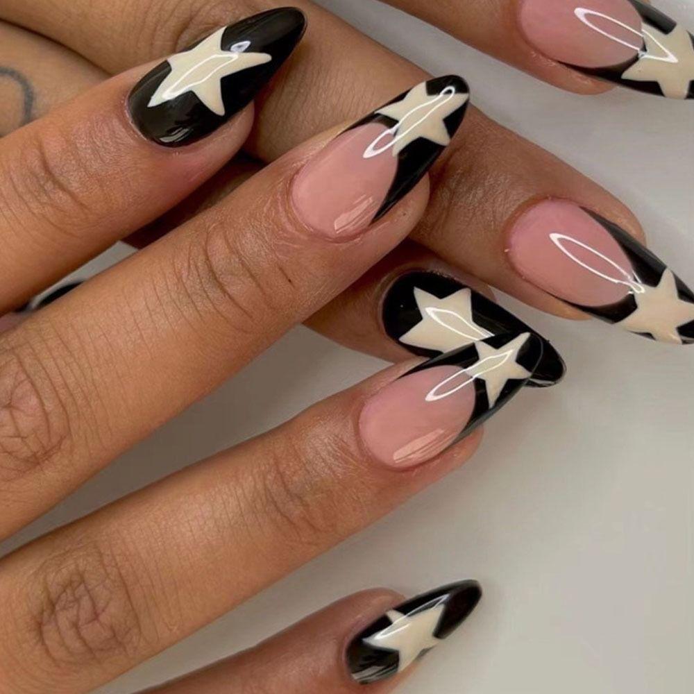 24pcs Nail Tips Press On Nails Simple Fake Nials Star French False Nails Long Almond