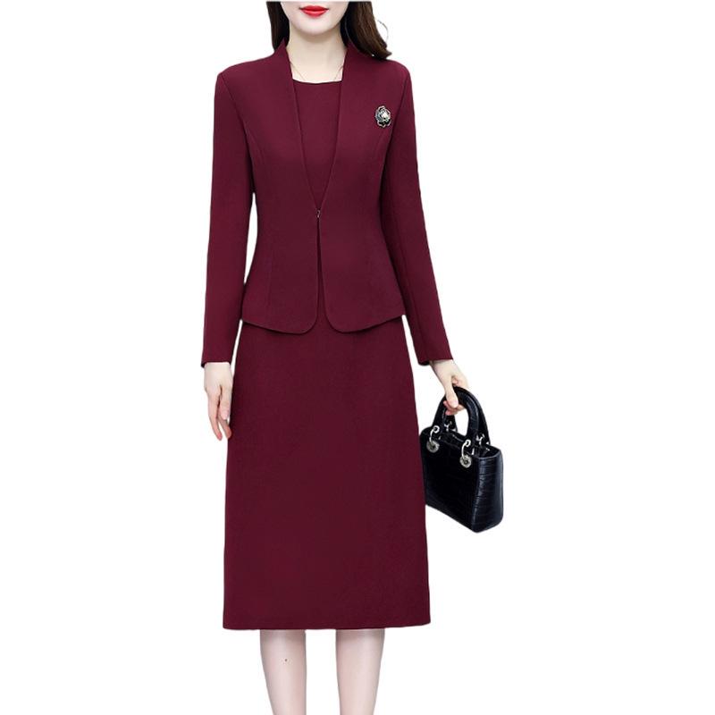 Красный ангоровый облегающий формальный комплект из платья и юбки - Профессиональная весенне-осенняя рабочая одежда для руководителей