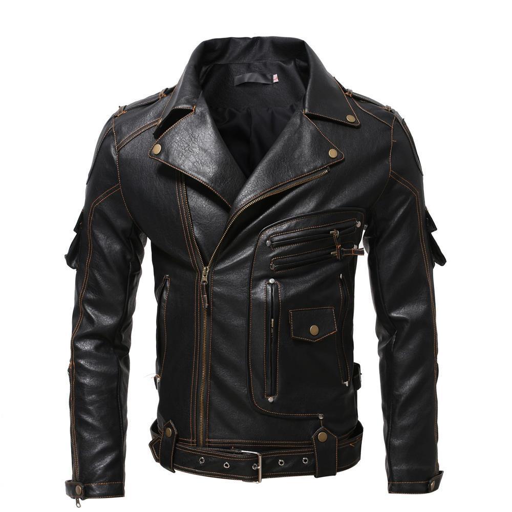 European and American men's clothing retro leather men's multi-pocket personalized leather coat coat