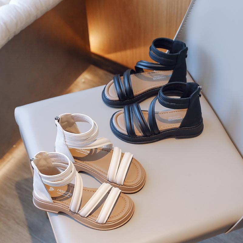 Children Fashion Girls Sandals Open Toes Solid Color Back Zipper Elegant Simple 2024 New Beach Shoes Kids Versatile Non-slip PU